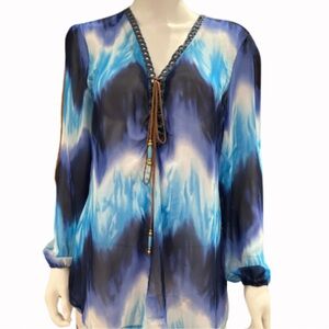 Made in France Ombré Western V Neck Top With Leather Lace up Tassel Ties